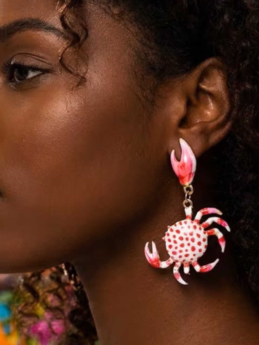 Edgy Crab Drop Earrings Pink White Enamel with Red Spots Nautical Z150